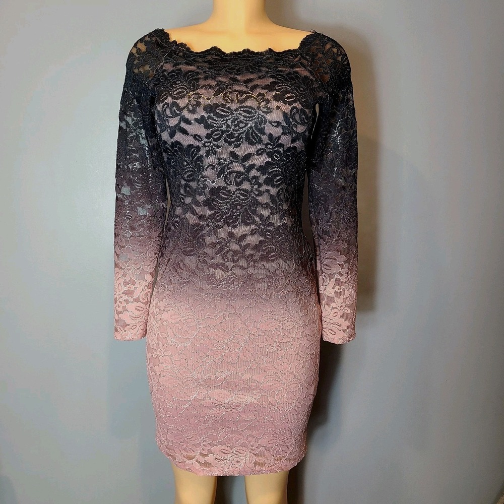 Vtg Onyx Nite Y2K‎ Floral Lace Ombre Sparkle Sheer Dress Size 4 Fairy Grunge